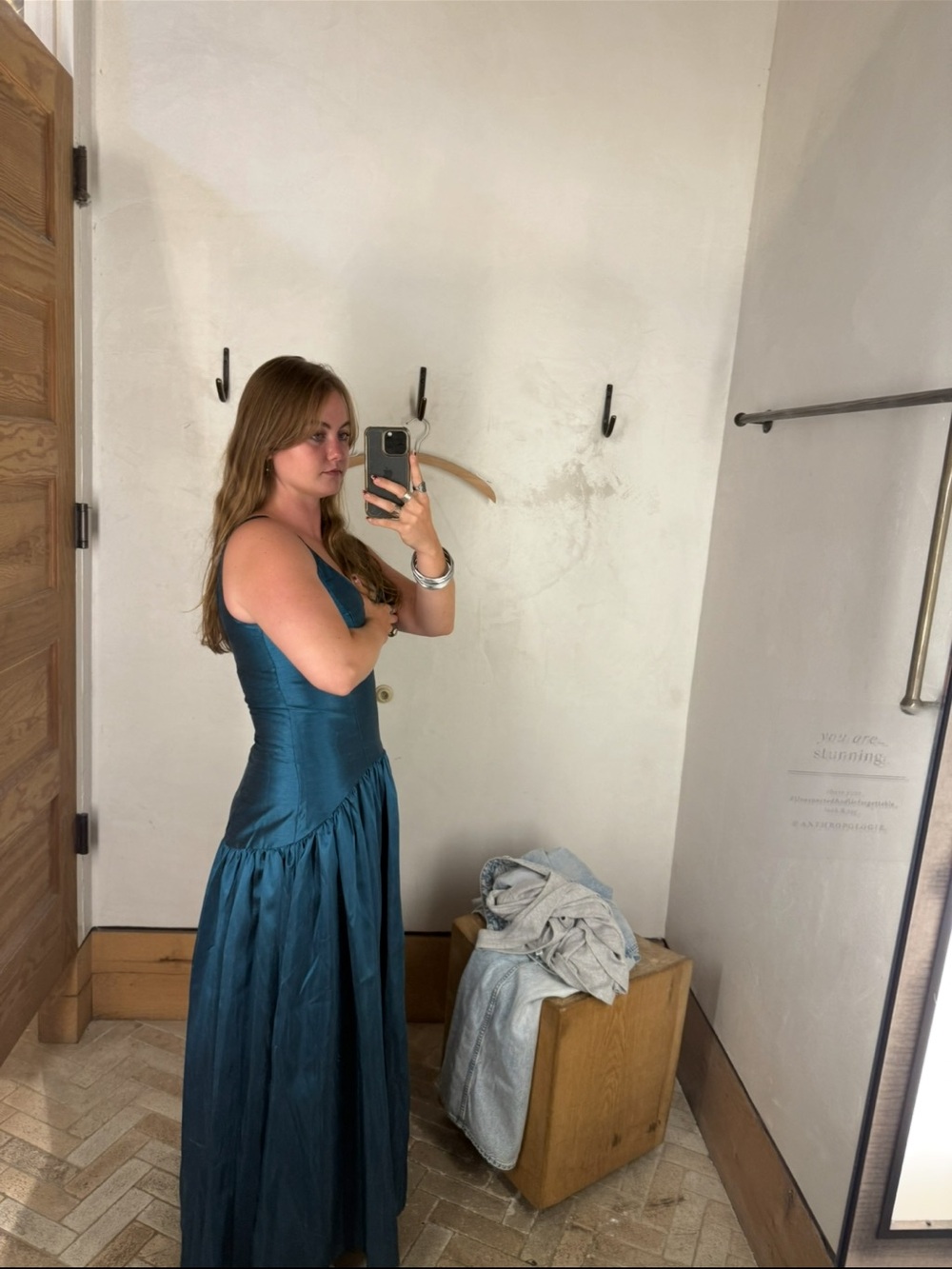 Anthropologie Teal Satin V-Neck Maxi Dress - Picture 2 of 6